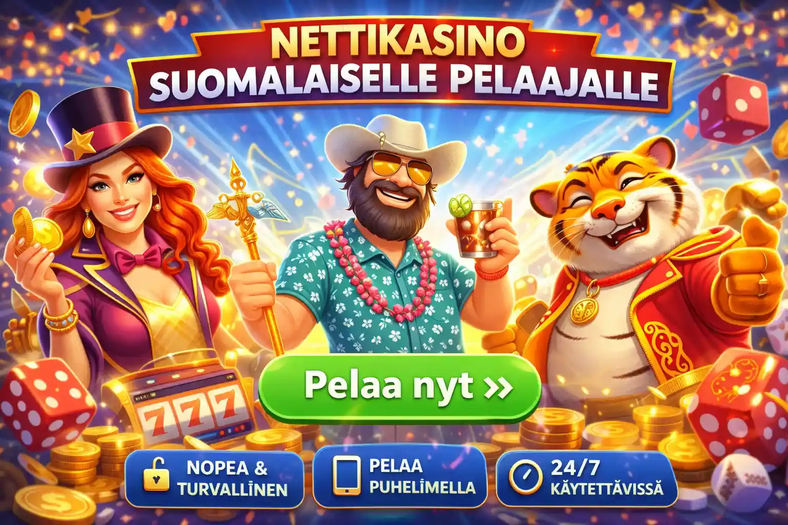 Iloinen nettikasino banneri suomalaiselle pelaajalle kolikkopeleillä ja bonuksilla