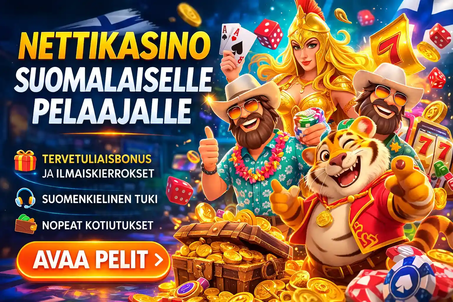 Värikäs nettikasino banneri suomalaisille pelaajille bonuksilla ja kolikkopeleillä